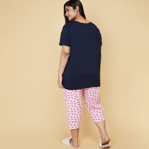Women Plus Size Navy Blue & Pink Printed Pure Cotton Night suit